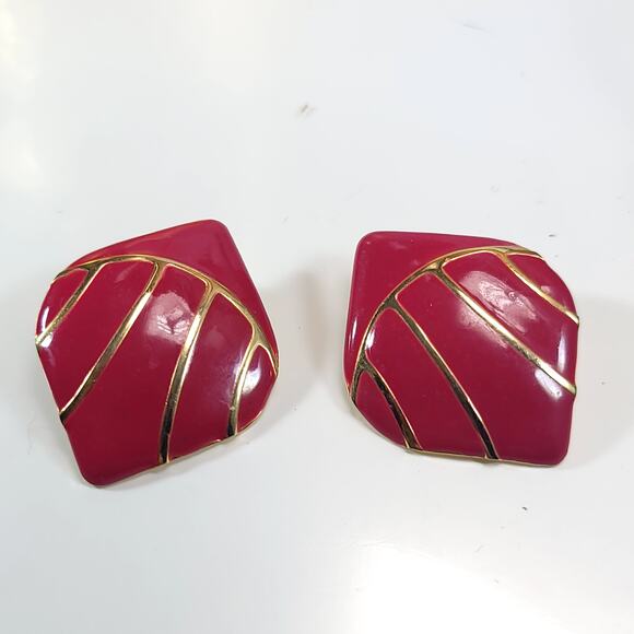 Vintage Red and Gold Clip-On Earrings with Geometric Design, Retro Jewelry - Picture 1 of 10